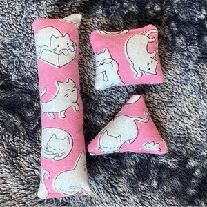 Handmade Pink Printed Assorted Catnip Shape & Kicker Stick Cat Toy Set of 3